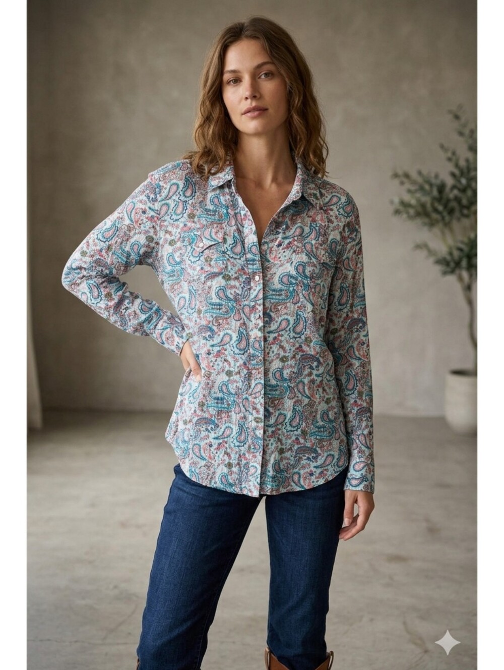Wrangler Paisley Long Sleeve Pearlized Snap Button Down Shirt